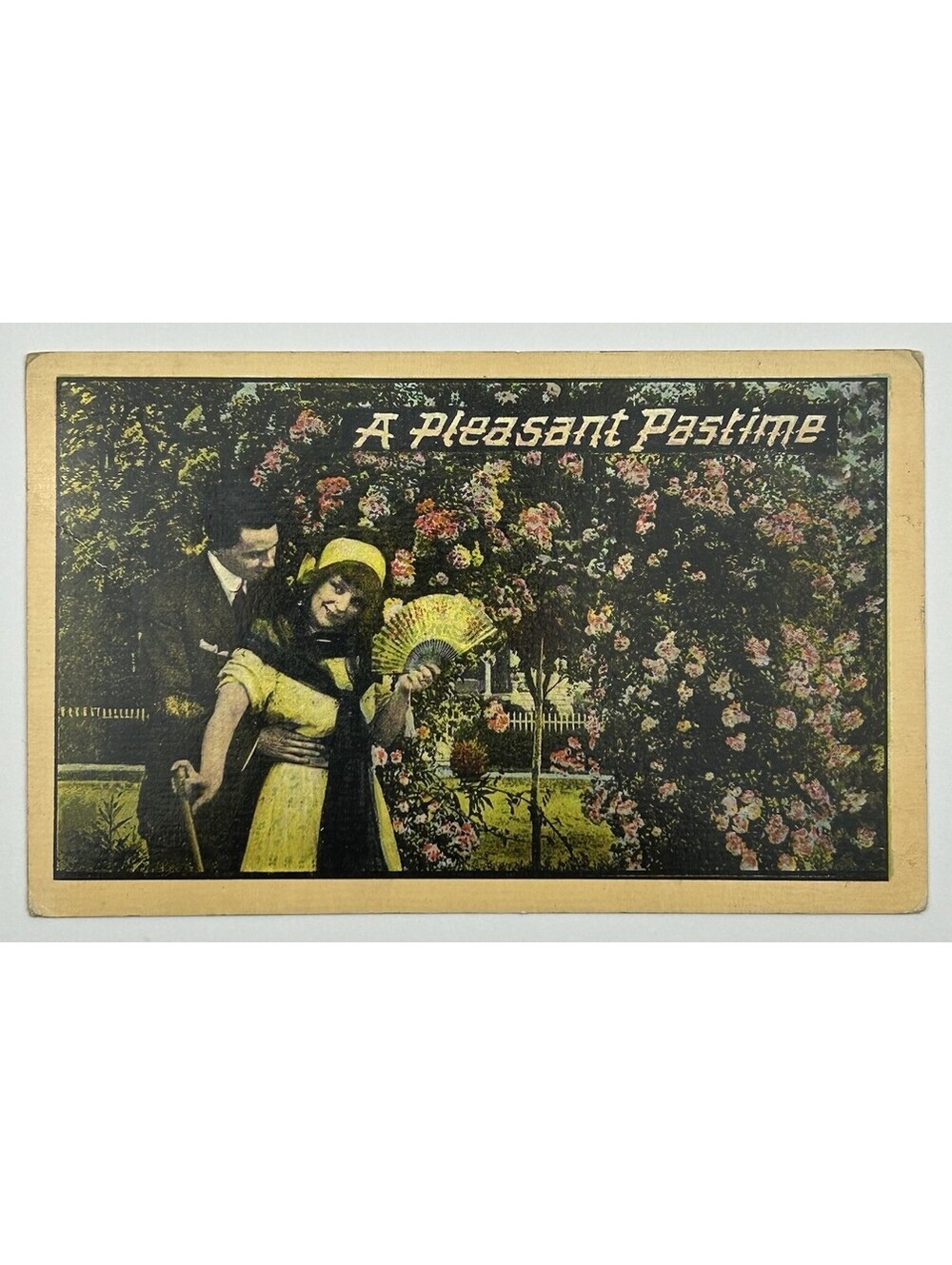Antique Postcard A Pleasant Pastime Lovers Flowers Pretty Woman Fan 1911    E-12